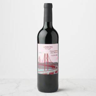 Lisbon bridge over Tagus river in vintage style  Wine Label