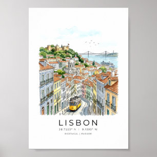 Lisbon cityscape in watercolor style poster