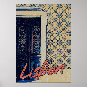 Lisbon door and tiles illustration Portugal Poster