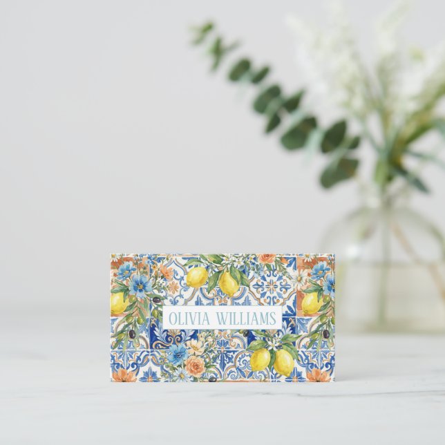 Lisbon Elegant Mediterranean Lemon Tile Pattern Business Card (Standing Front)