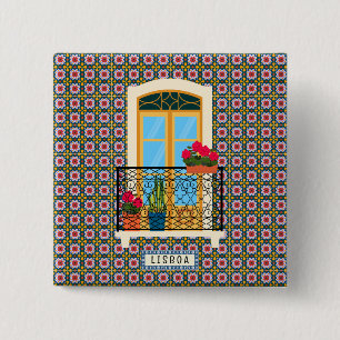Lisbon house window with plants and tiles 15 cm square badge
