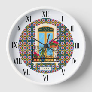 Lisbon house window with plants and tiles clock