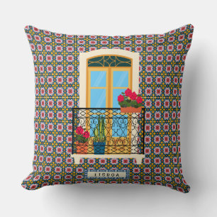 Lisbon house window with plants and tiles cushion