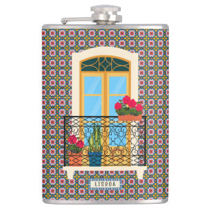 Lisbon house window with plants and tiles hip flask