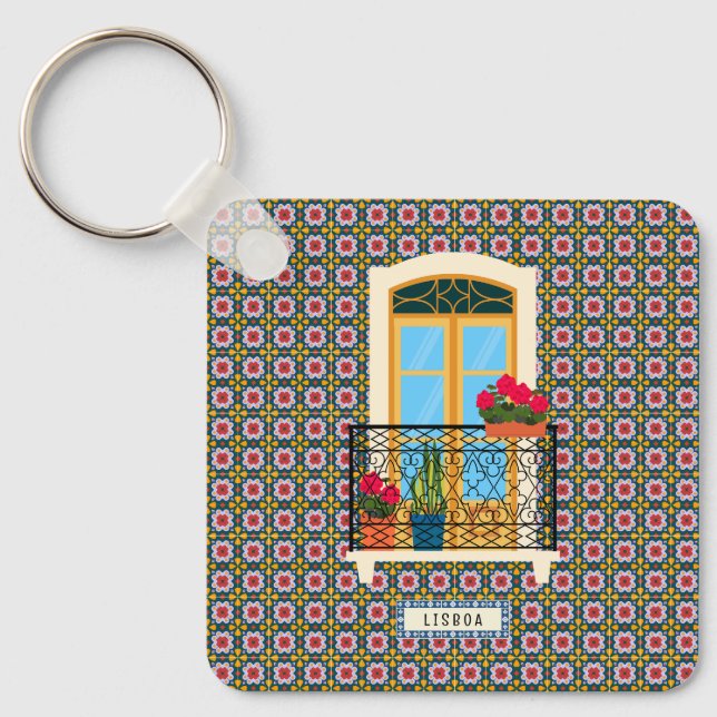 Lisbon house window with plants and tiles key ring (Front)