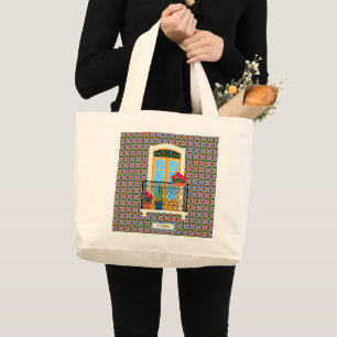 Lisbon house window with plants and tiles large tote bag