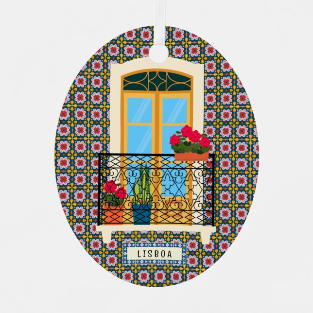 Lisbon house window with plants and tiles metal tree decoration (Front)