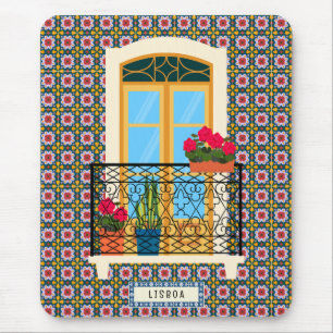Lisbon house window with plants and tiles mouse mat