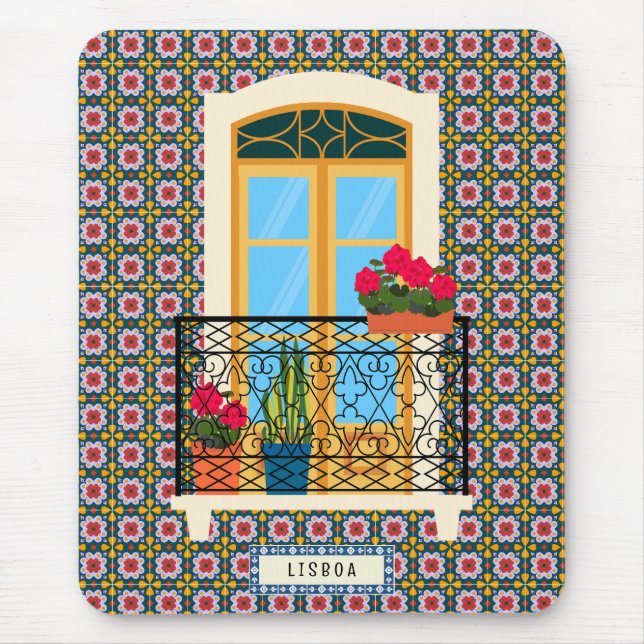 Lisbon house window with plants and tiles mouse mat (Front)