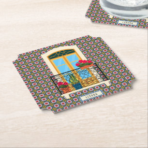 Lisbon house window with plants and tiles paper coaster