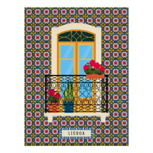 Lisbon house window with plants and tiles poster