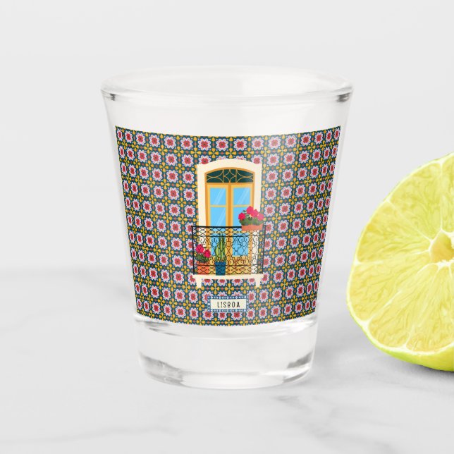 Lisbon house window with plants and tiles shot glass (Front)