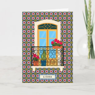 Lisbon house window with tiles and plants card