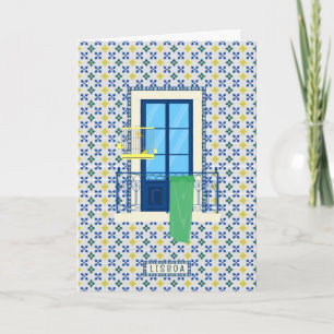 Lisbon house window with tiles and plants card