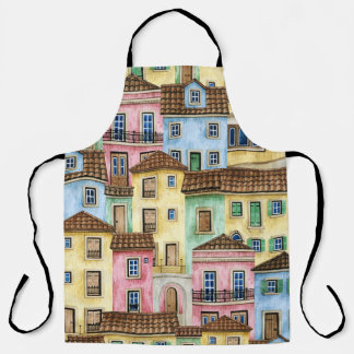 Lisbon Houses: Watercolor Funicular Pattern. Apron