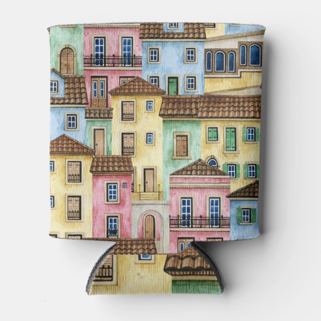 Lisbon Houses: Watercolor Funicular Pattern. Can Cooler (Front)