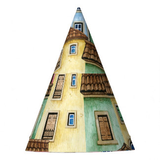 Lisbon Houses: Watercolor Funicular Pattern. Party Hat