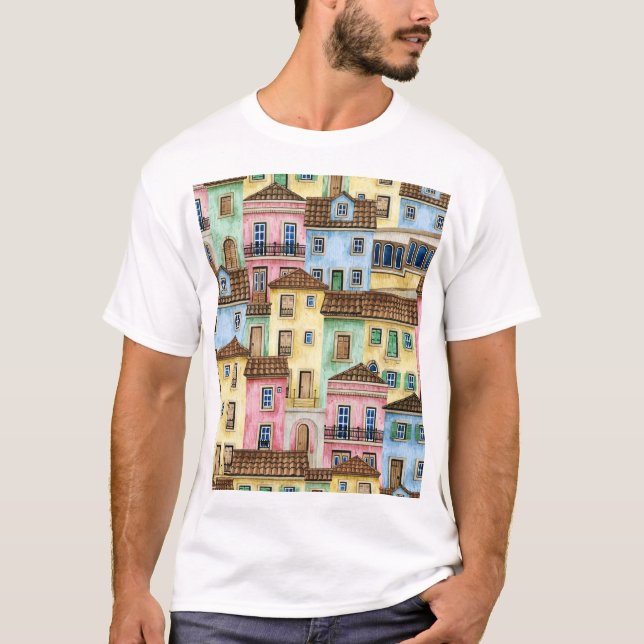 Lisbon Houses: Watercolor Funicular Pattern. T-Shirt (Front)