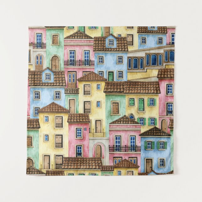 Lisbon Houses: Watercolor Funicular Pattern. Tapestry (Front)