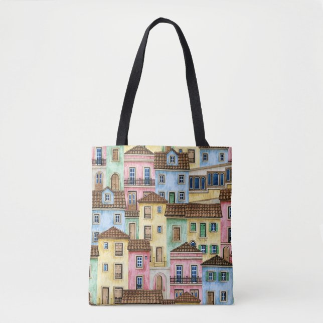 Lisbon Houses: Watercolor Funicular Pattern. Tote Bag (Front)