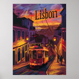 Lisbon Lights: Sunset, Nightfall, and Tram Trails Poster