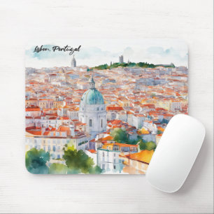 Lisbon Portgual Watercolor Panorama View City Mouse Mat