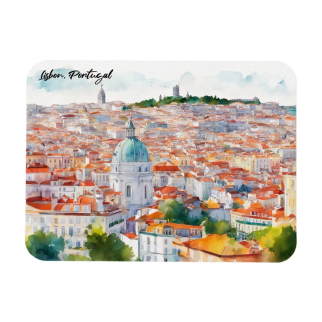 Lisbon Portgual Watercolor Panorama View Magnet (Horizontal)
