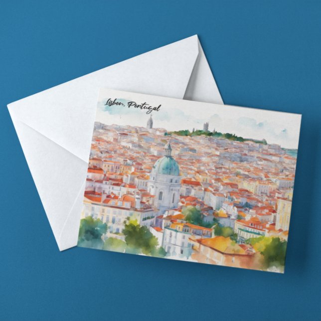 Lisbon Portgual Watercolor Panorama View Postcard (lisbon portugal panorama watercolor postcard)