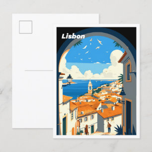 Lisbon Portugal Art Vintage Illustration Travel Postcard