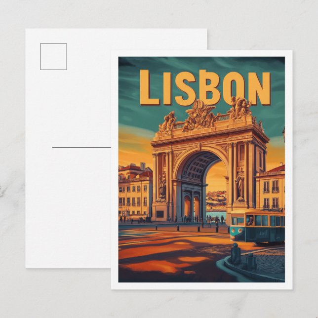 Lisbon Portugal Art Vintage Travel Illustration Postcard (Front/Back)