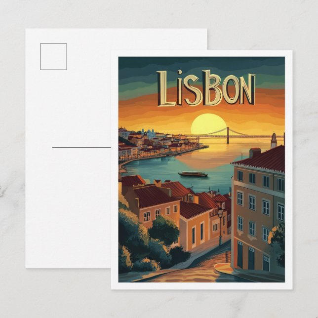 Lisbon Portugal Art Vintage Travel Illustration Postcard (Front/Back)