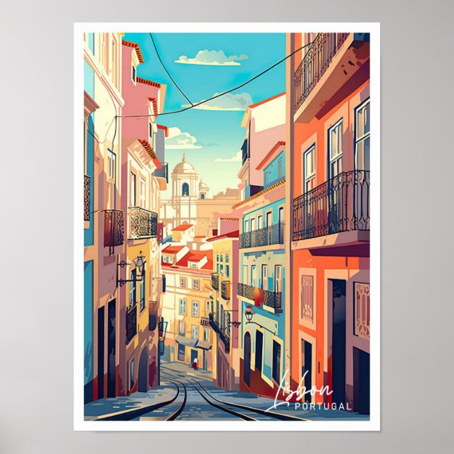 Lisbon Portugal Art Vintage Travel Illustration Poster (Front)