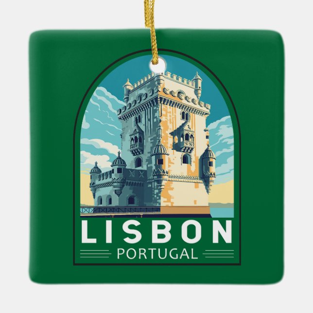Lisbon Portugal Belem Tower Travel Retro Emblem Ceramic Ornament (Front)