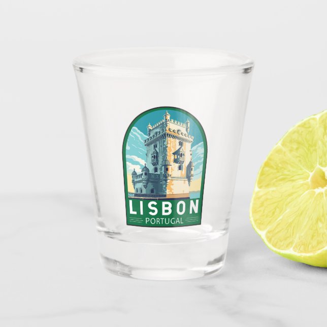 Lisbon Portugal Belem Tower Travel Retro Emblem Shot Glass (Front)