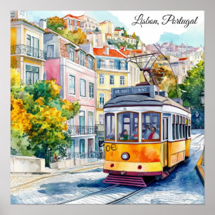 Lisbon Portugal Colorful Vintage Tram Scene Poster