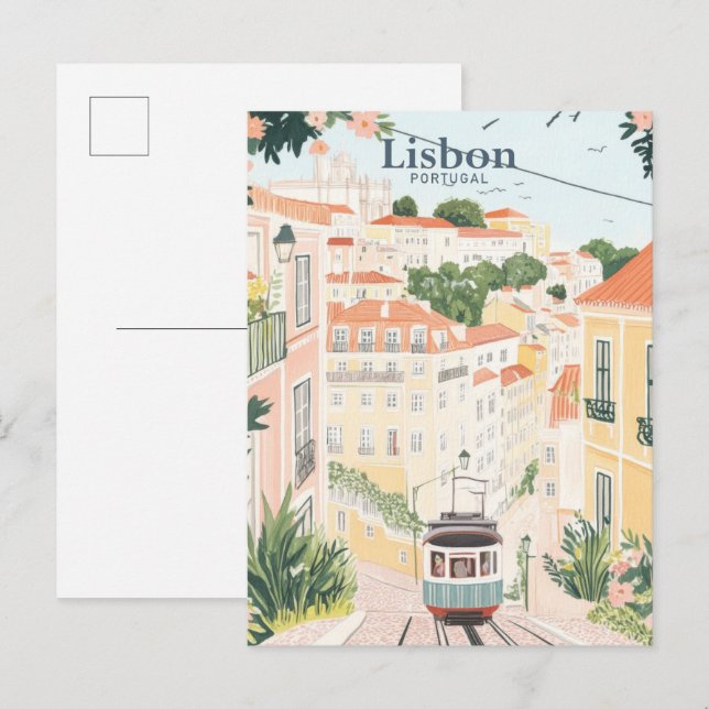 Lisbon Portugal Gouache Paint Illustration Travel Postcard (Front/Back)