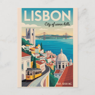 Lisbon Portugal Retro Skyline Cityscape Travel Postcard