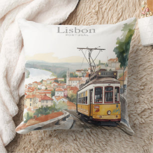 Lisbon Portugal skyline - Vintage tram Travel Art Cushion
