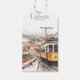 Lisbon Portugal skyline - Vintage tram Travel Art Gift Tags