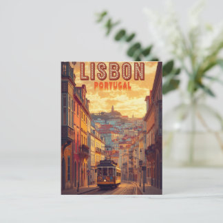 Lisbon Portugal skyline - Vintage tram Travel Art Postcard