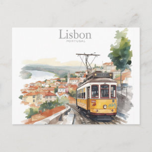 Lisbon Portugal skyline - Vintage tram Travel Art  Postcard