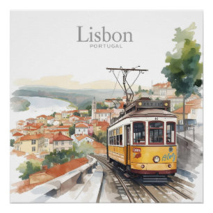 Lisbon Portugal skyline - Vintage tram Travel Art Poster