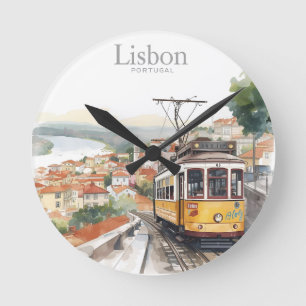 Lisbon Portugal skyline - Vintage tram Travel Art Round Clock