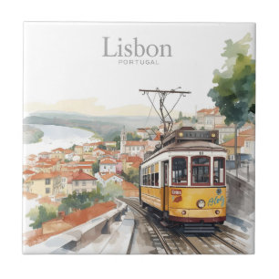 Lisbon Portugal skyline - Vintage tram Travel Art Tile