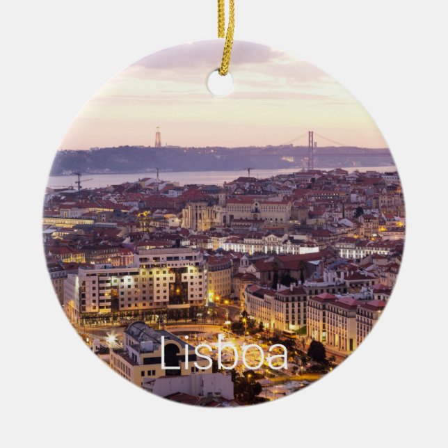 Lisbon Portugal Sunset Skyline Cityscape Souvenir Ceramic Tree Decoration (Front)