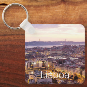 Lisbon Portugal Sunset Skyline Vintage Cityscape Key Ring