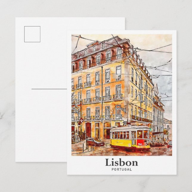 Lisbon Portugal Travel Watercolor Hand Drawn Postcard (Front/Back)