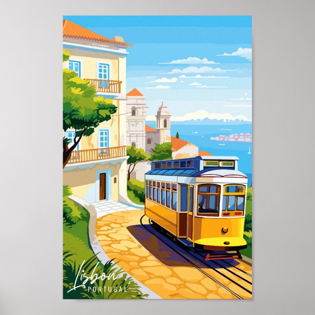 Lisbon Portugal vintage travel illustration Poster (Front)