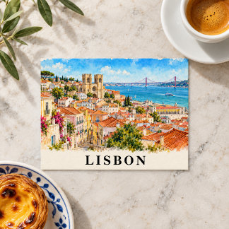 Lisbon Portugal Watercolor Cityscape Travel Postcard