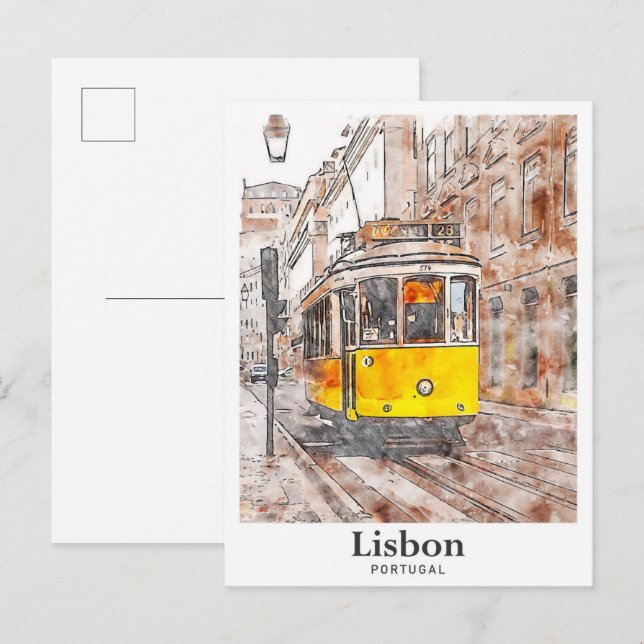 Lisbon Portugal Watercolor Hand Drawn Postcard (Front/Back)